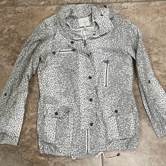 Joie Womens S White Gray Barker Jacket Leopard Print Windbreaker Zip Toggle Hood - Picture 4 of 9